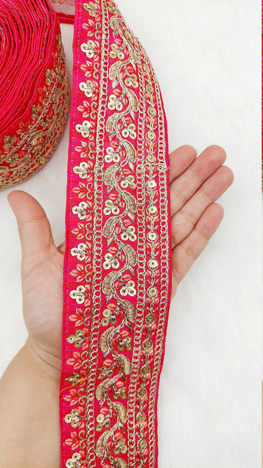 Art Silk Fabric Sari Border Trim with Floral Embroidery and Gold Sequins, Decorative Trim, Indian Sari Border